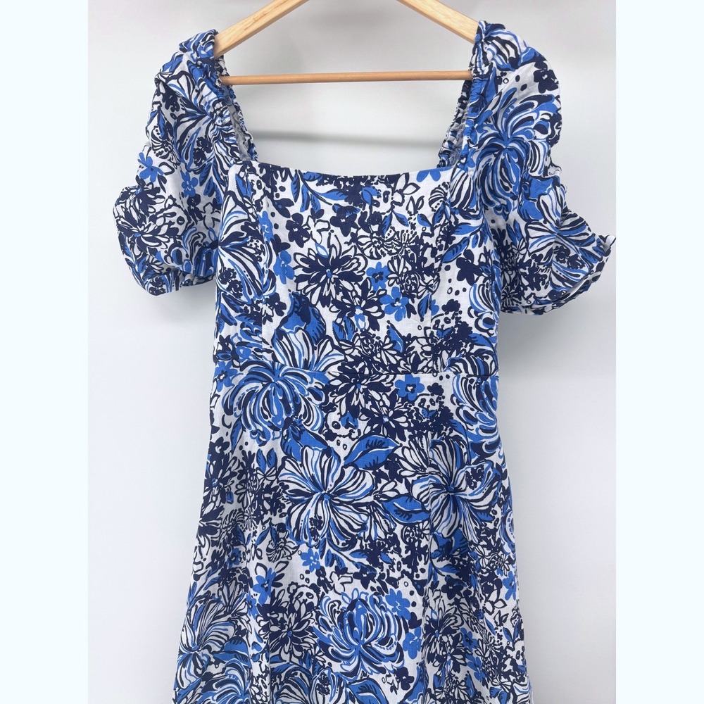 Lilly Pulitzer Mylie Dress Women 10 Blue Floral Linen Puff Sleeve Pandarama